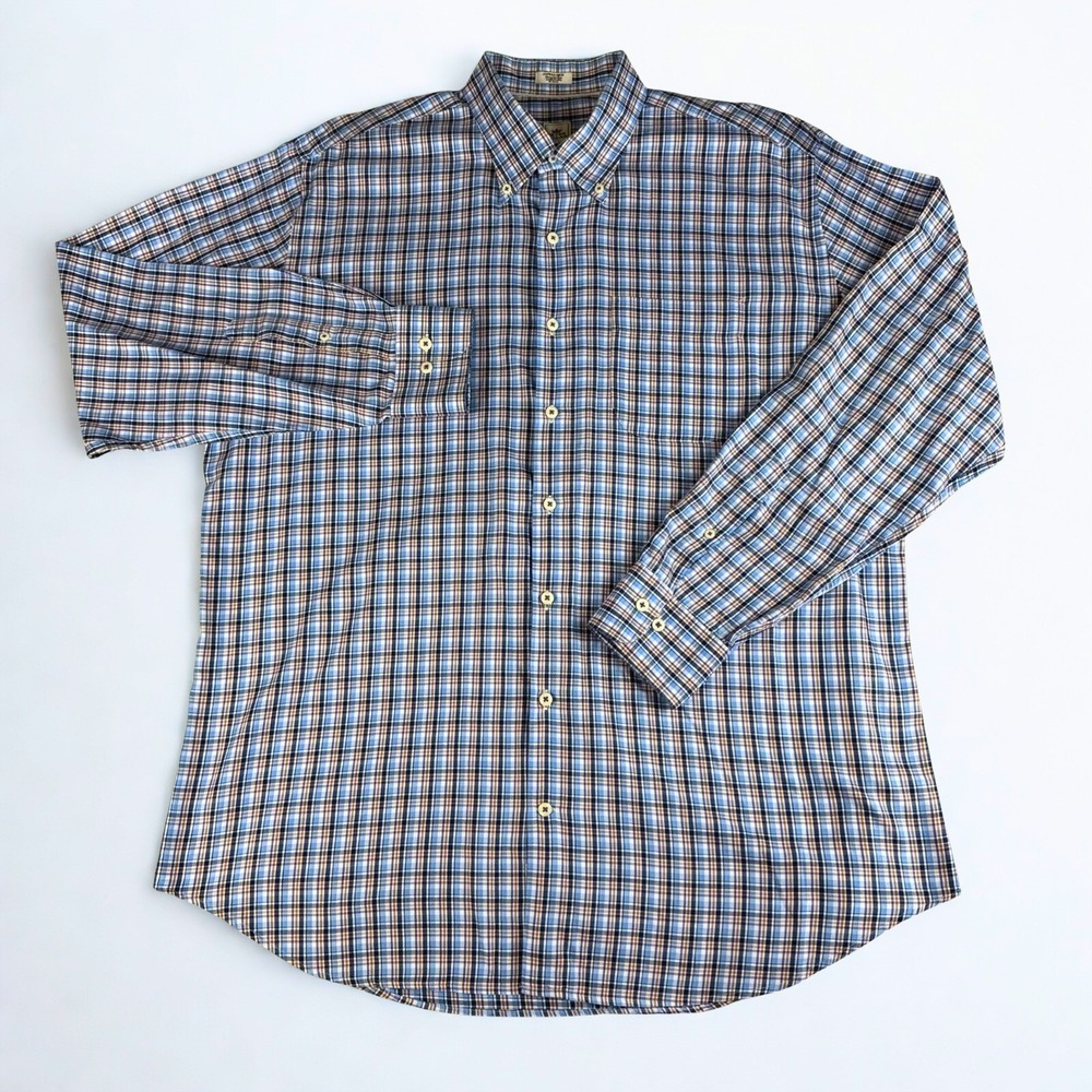 Peter Millar Button Down Shirt Mens XL Blue Plaid Cotton Classic Casual Dress